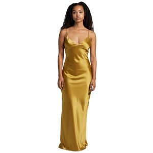 Ginia RTW Silk Slip Dress NWT Size Small Dark Olive Gold Maxi